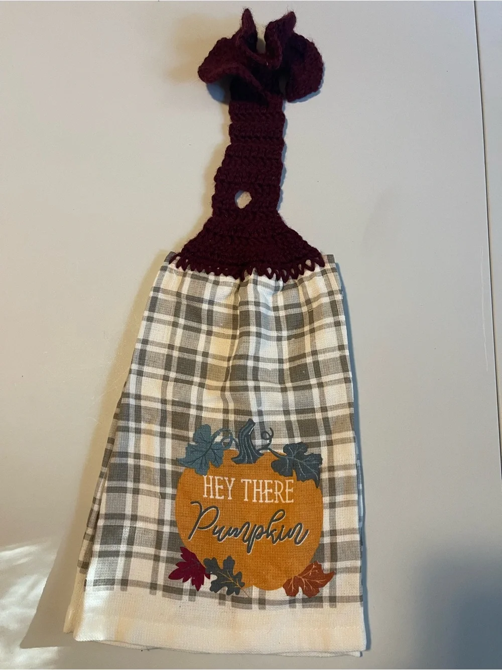 Hey There Pumpkin Plaid Hanging Kitchen Towel with Burgundy Top